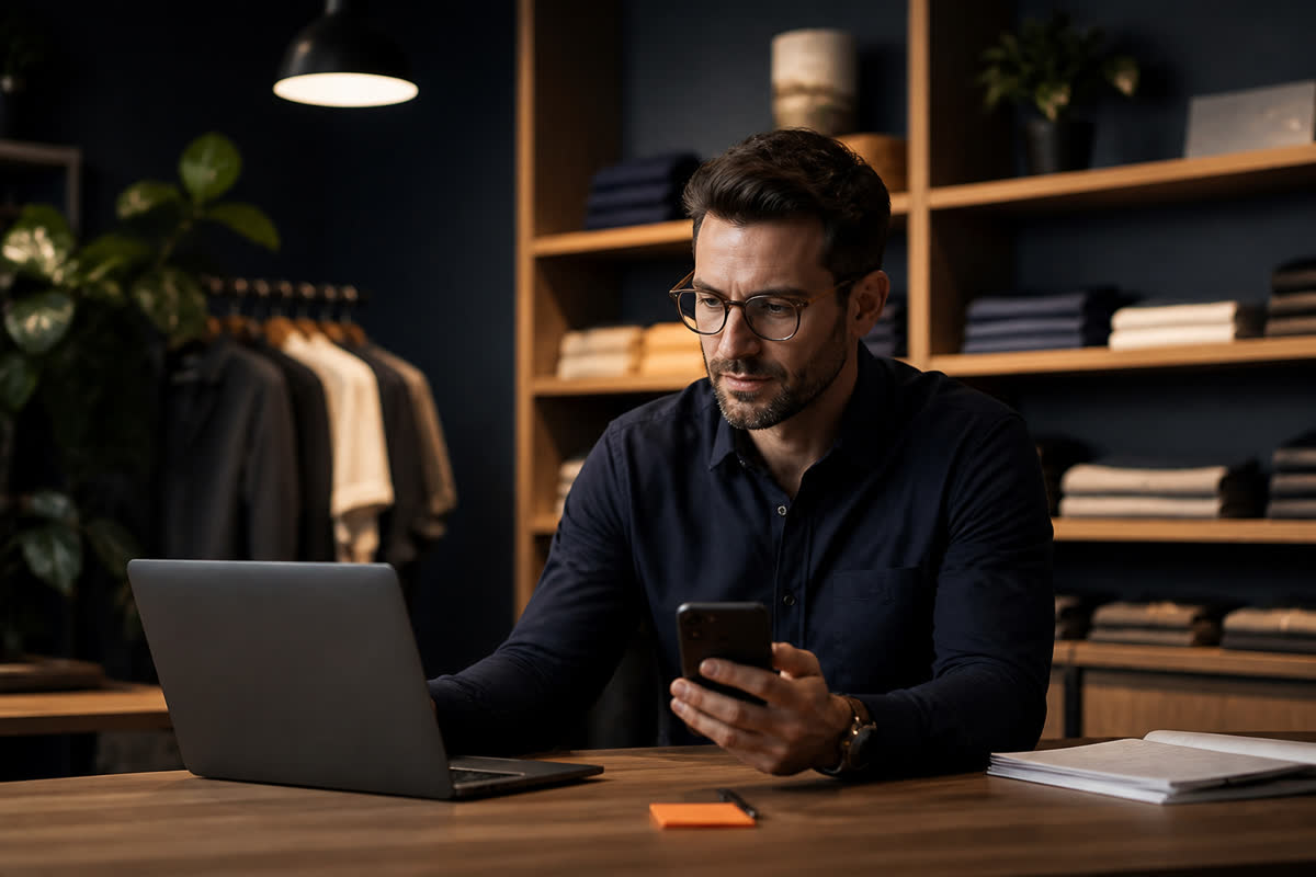 Shop owner on a laptop