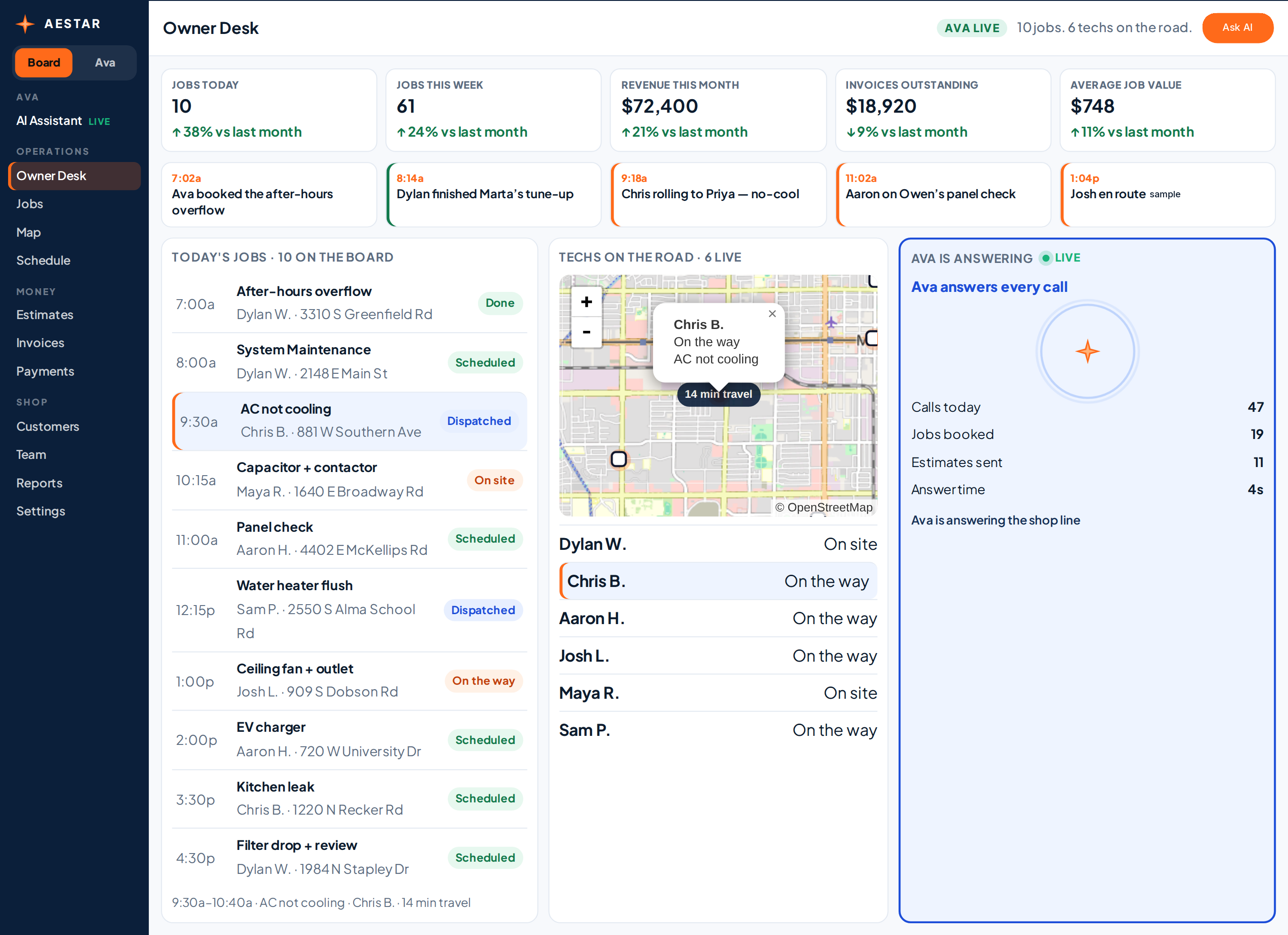 Owner Desk board with today’s jobs, techs, and Ava Live